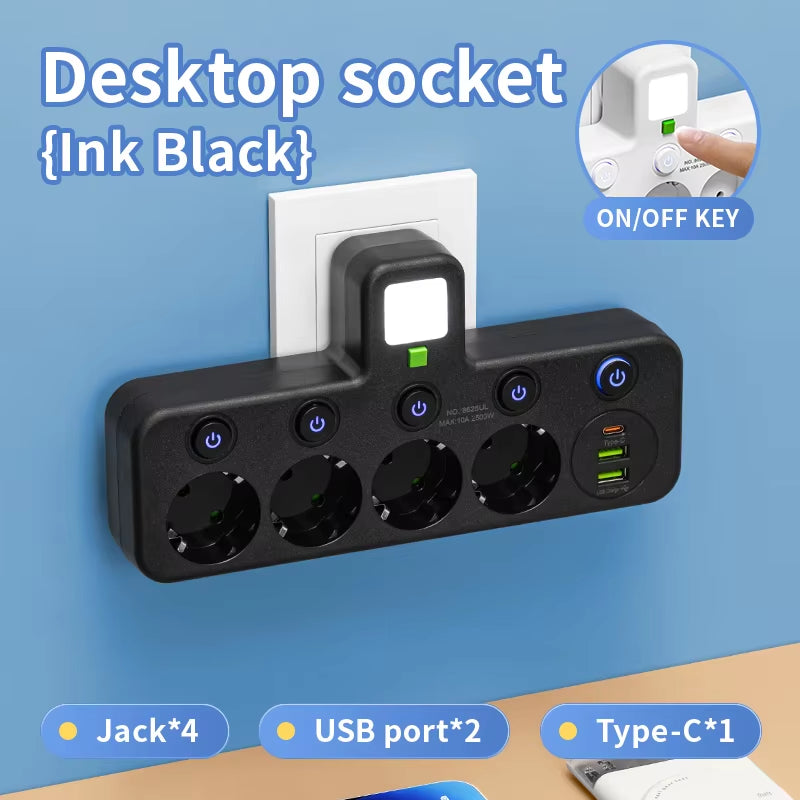 EU Plug Outlet 5 Sockets Electrical Socket No Extension Cord with or without It USB Type-C Ports Two Specifications