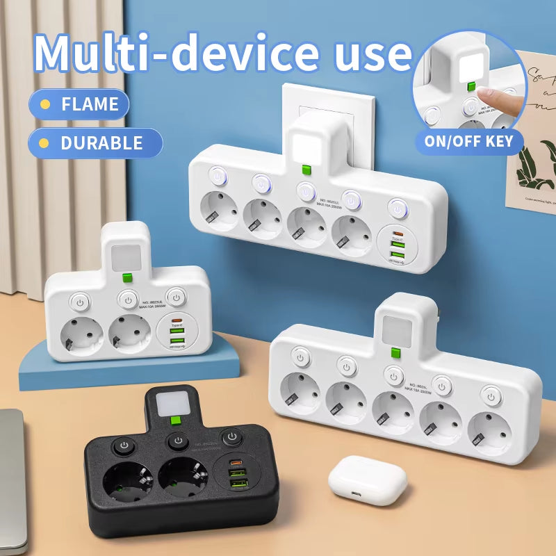EU Plug Outlet 5 Sockets Electrical Socket No Extension Cord with or without It USB Type-C Ports Two Specifications