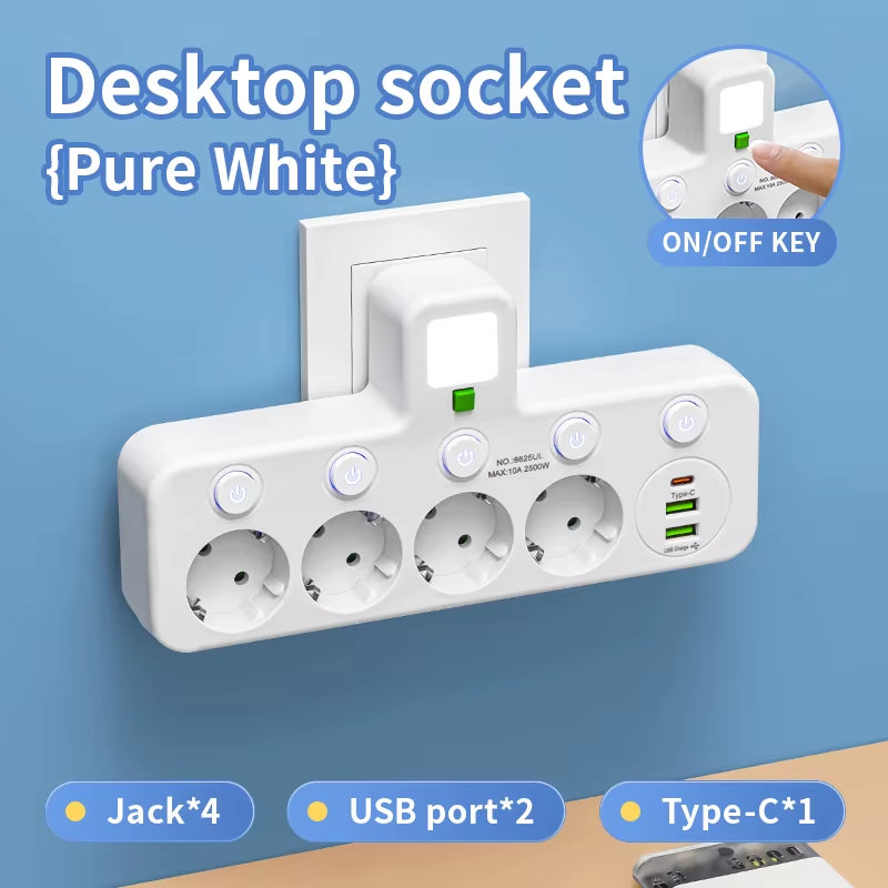 EU Plug Outlet 5 Sockets Electrical Socket No Extension Cord with or without It USB Type-C Ports Two Specifications