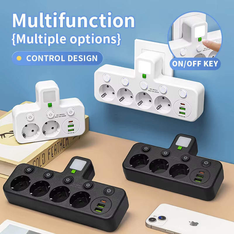 EU Plug Outlet 5 Sockets Electrical Socket No Extension Cord with or without It USB Type-C Ports Two Specifications
